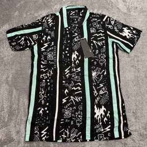Reason Button Up Shirt Mens Small Black Mint Green New Streetwear Doodle Print